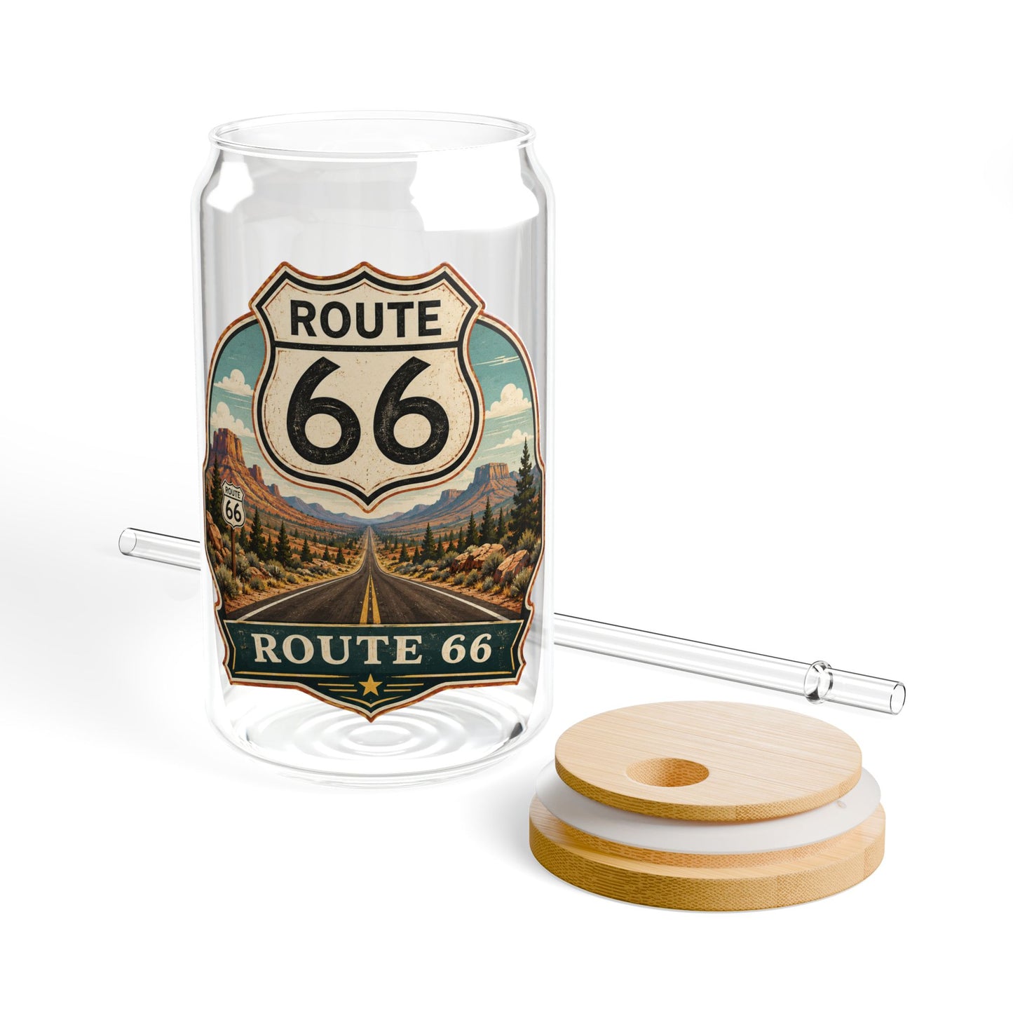 Route 66 Sipper Glass — 16 oz Travel Tumbler with Lid & Straw