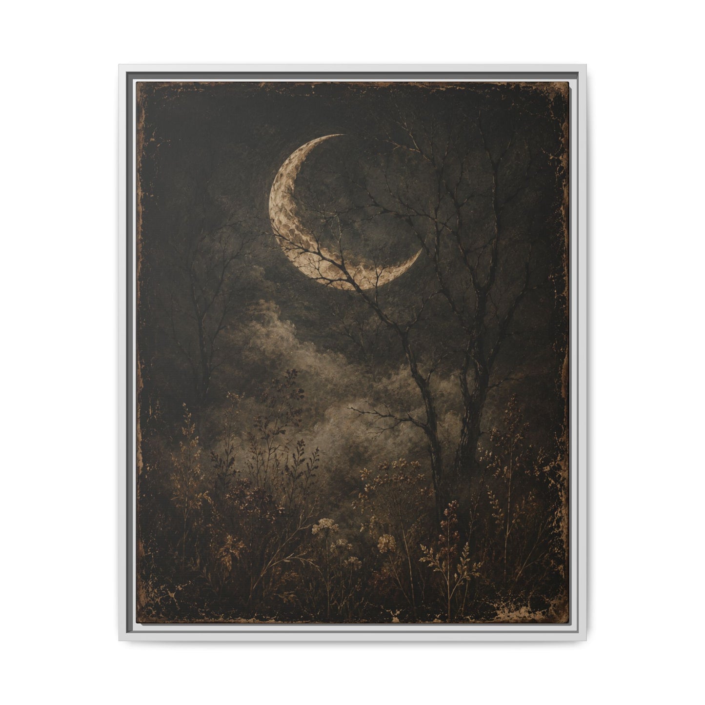 Framed Crescent Moon Canvas Print — Moody Night Landscape Wall Art