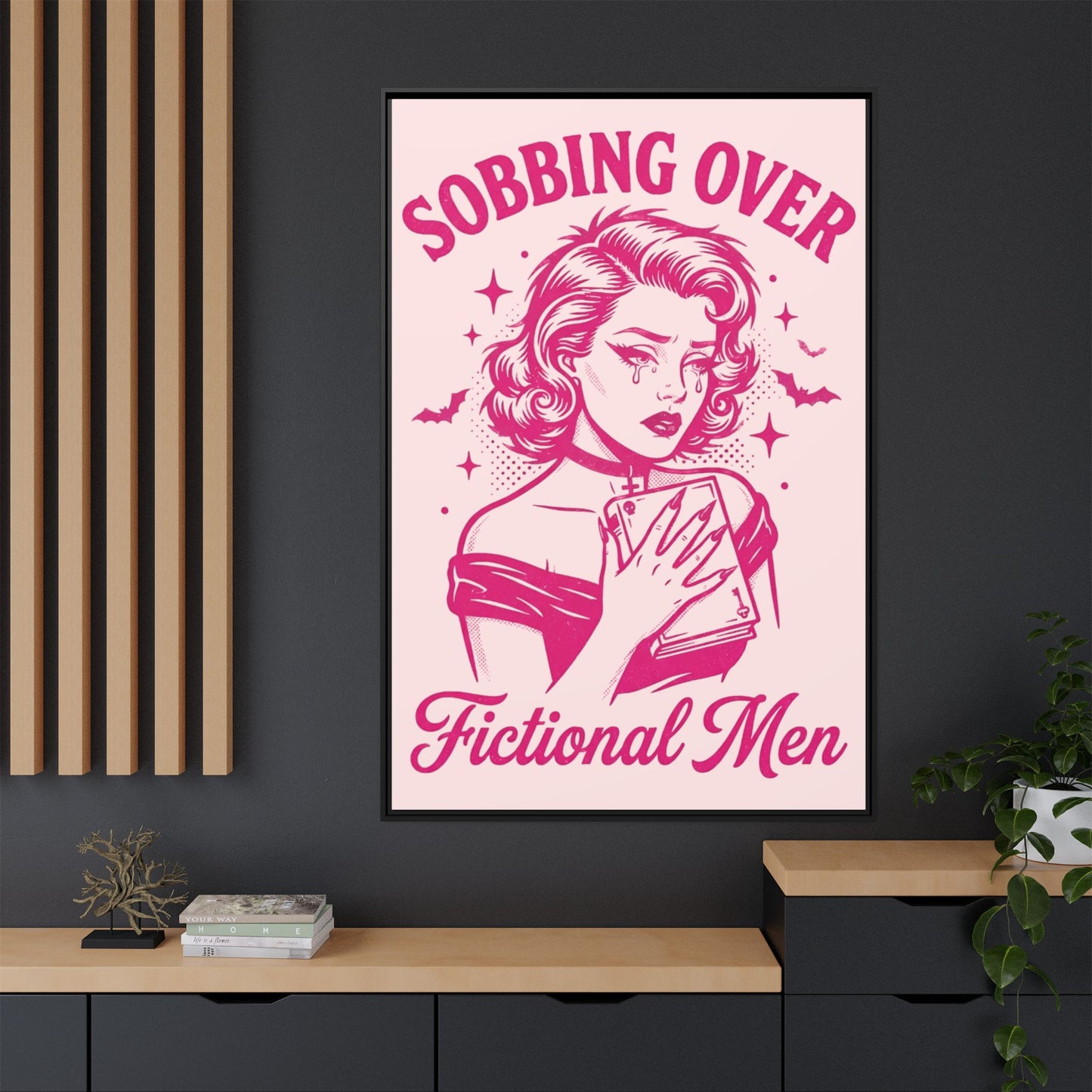 Framed Canvas Print — “Sobbing Over Fictional Men” Retro Pop Art
