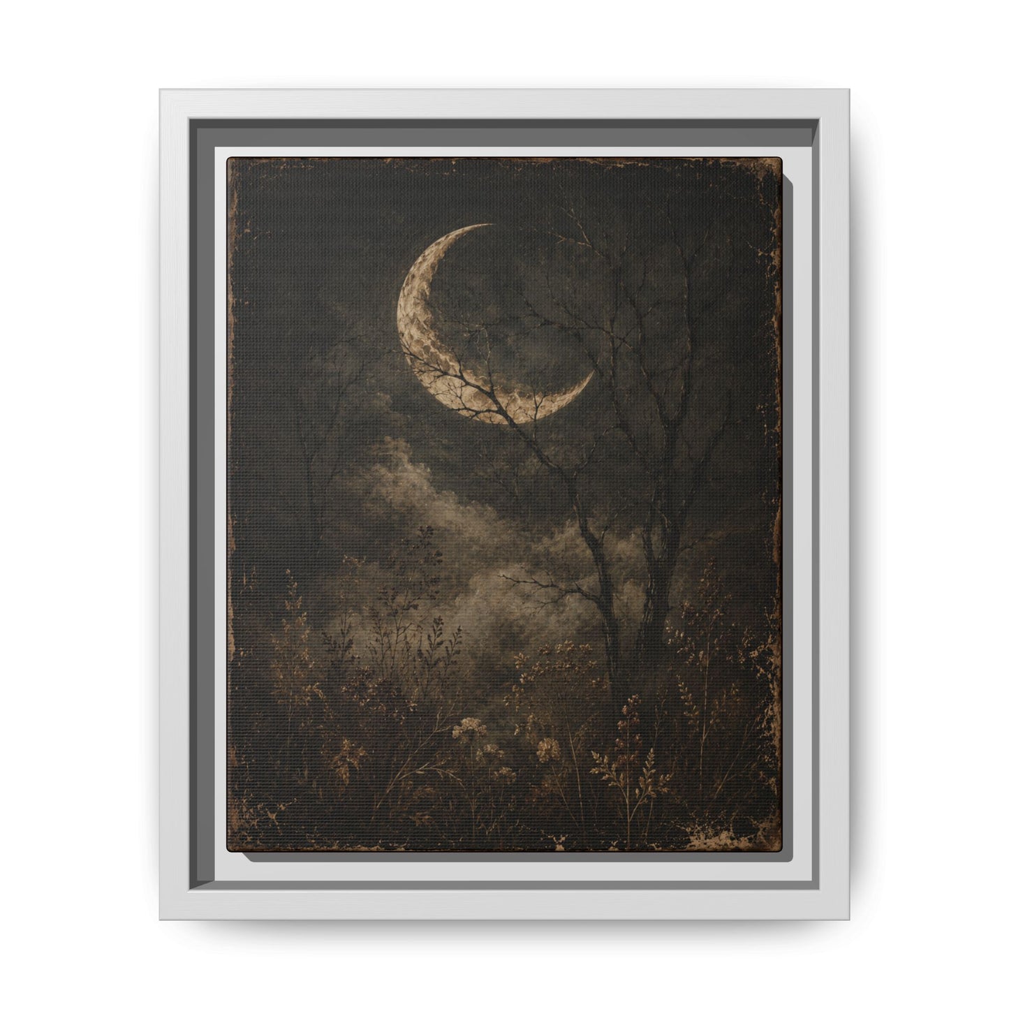 Framed Crescent Moon Canvas Print — Moody Night Landscape Wall Art