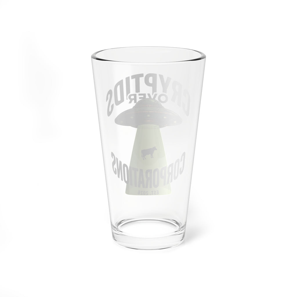 Cryptids Over Corporations Alien Pint Glass | UFO Beer Glass | Funny Alien Gift | Sci-Fi Bar Glass | Cow Abduction Glass | 16oz Beer Pint