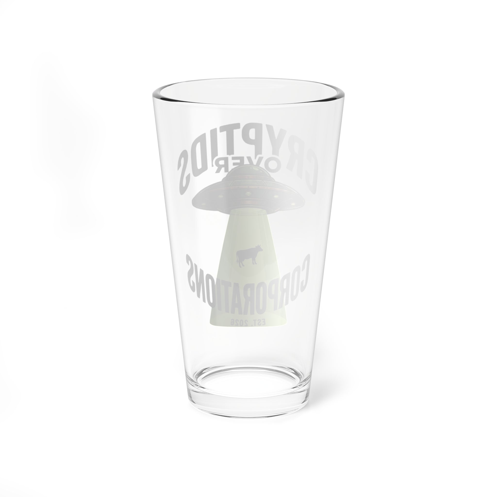 Cryptids Over Corporations Alien Pint Glass | UFO Beer Glass | Funny Alien Gift | Sci-Fi Bar Glass | Cow Abduction Glass | 16oz Beer Pint