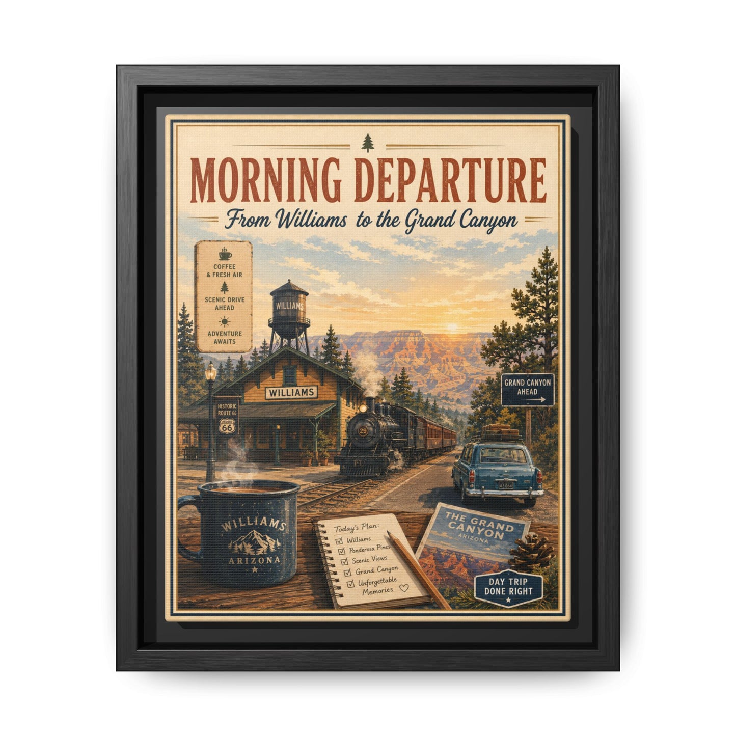 Morning Departure Framed Canvas Print — Vintage Grand Canyon Travel Poster