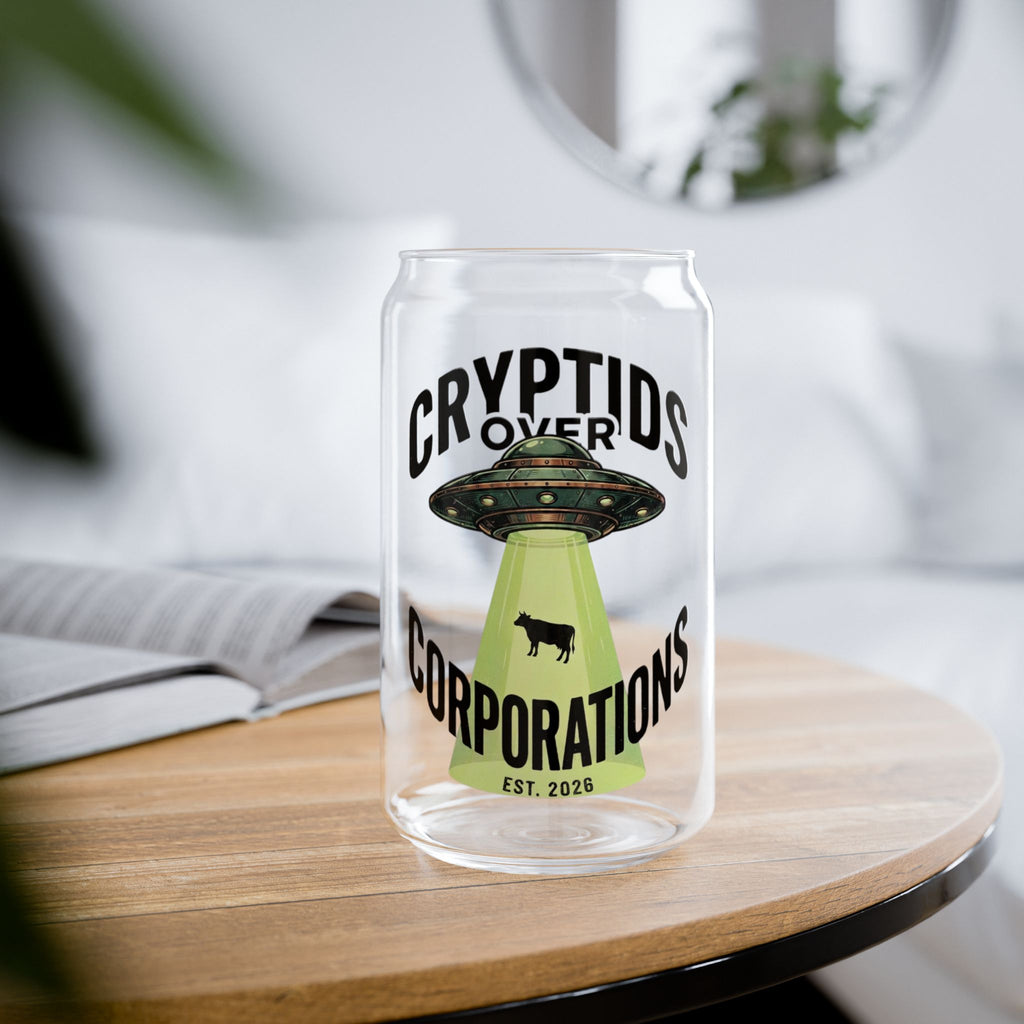 Cryptids Over Corporations Alien Glass Can | UFO Iced Coffee Cup with Bamboo Lid and Straw | Funny Alien Gift | Sci-Fi Drinkware