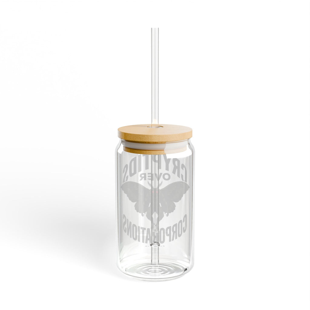 Cryptids Over Corporations Glass Can | Mothman Sipper Glass with Bamboo Lid & Straw | Funny Cryptid Iced Coffee Cup | Gothic Drinkware