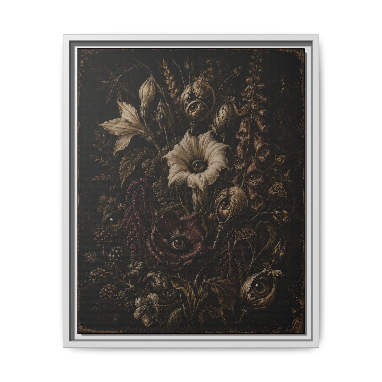 Framed Matte Canvas Print — Vintage Dark Floral Art