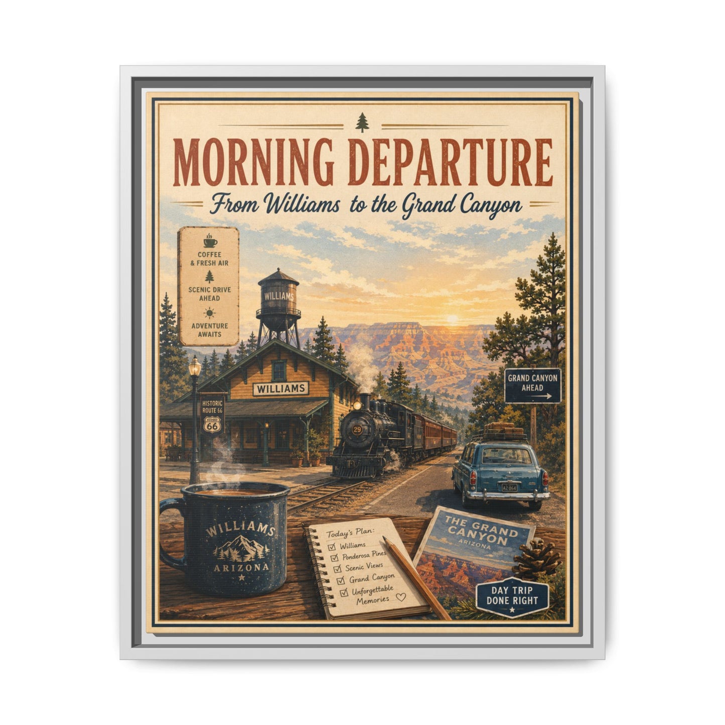 Morning Departure Framed Canvas Print — Vintage Grand Canyon Travel Poster