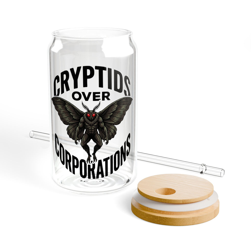 Cryptids Over Corporations Glass Can | Mothman Sipper Glass with Bamboo Lid & Straw | Funny Cryptid Iced Coffee Cup | Gothic Drinkware