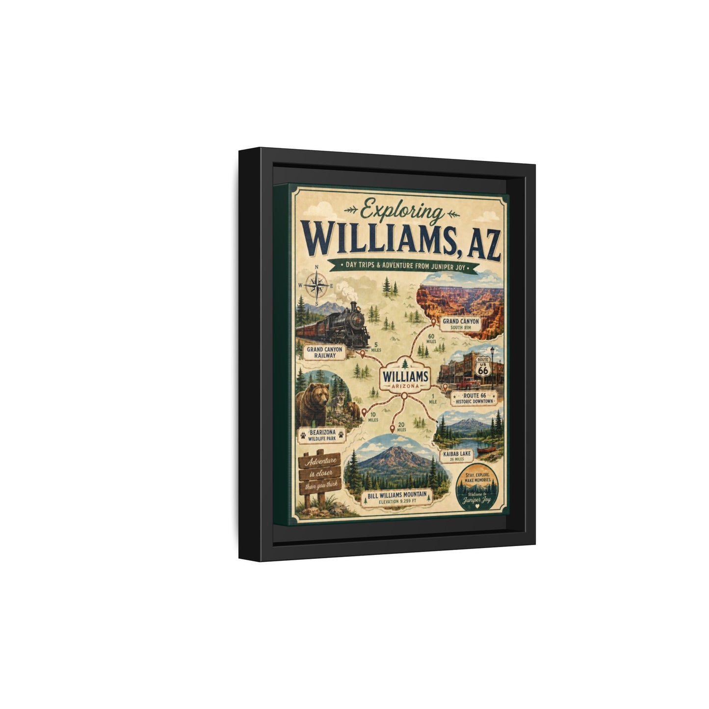 Williams, AZ Travel Map Framed Canvas — Vintage Exploring Poster