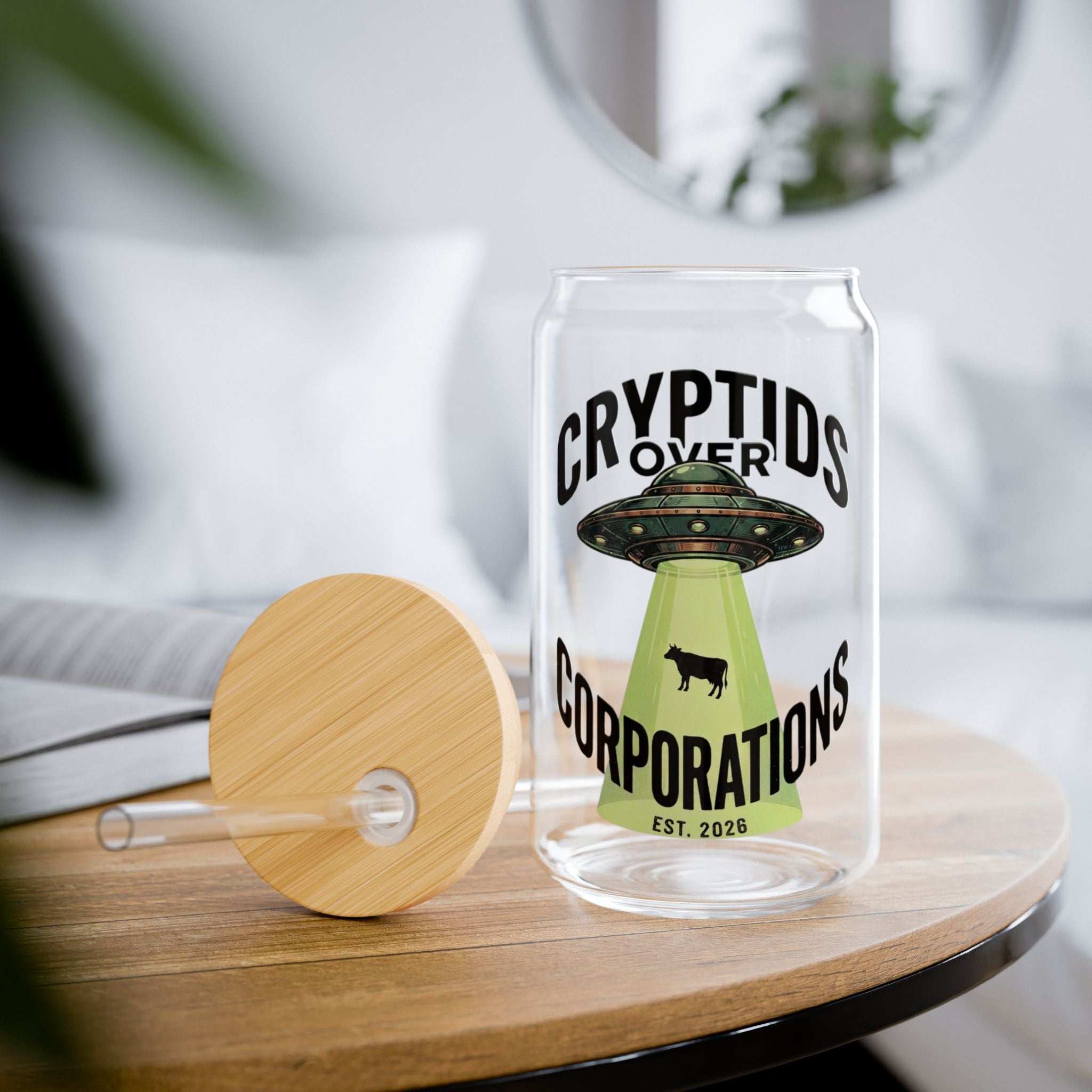 Cryptids Over Corporations Alien Glass Can | UFO Iced Coffee Cup with Bamboo Lid and Straw | Funny Alien Gift | Sci-Fi Drinkware