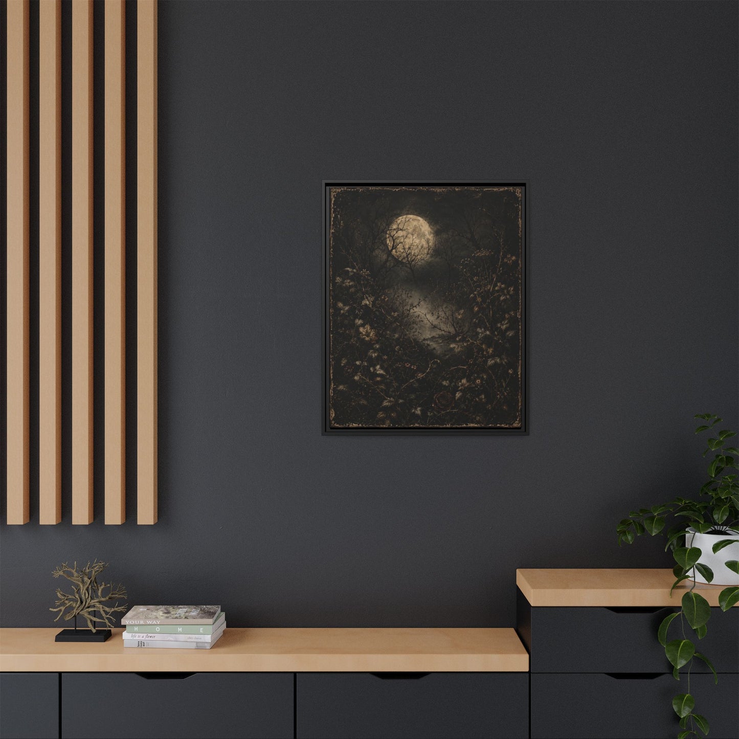 Framed Matte Canvas Art — Moonlit Forest Landscape