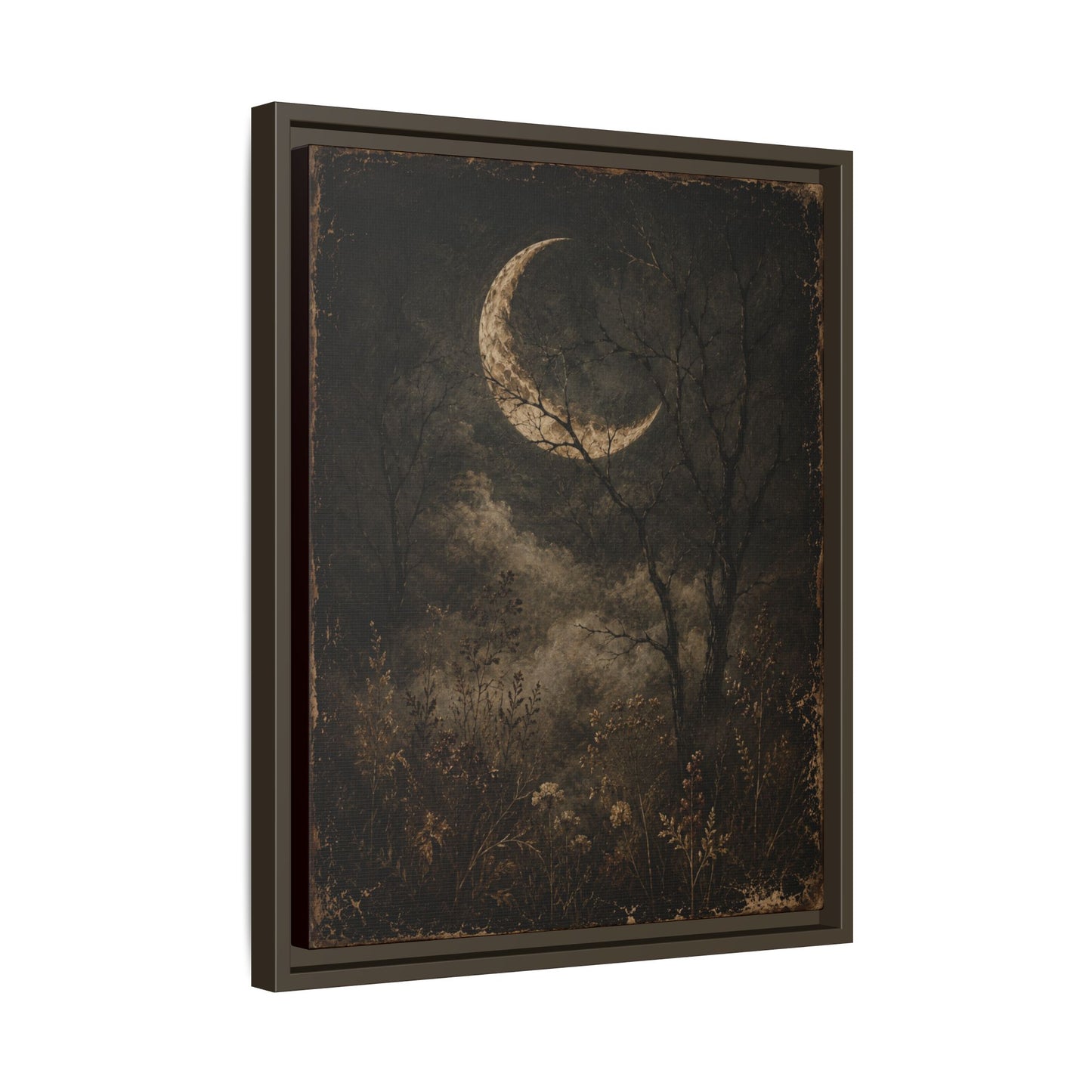Framed Crescent Moon Canvas Print — Moody Night Landscape Wall Art