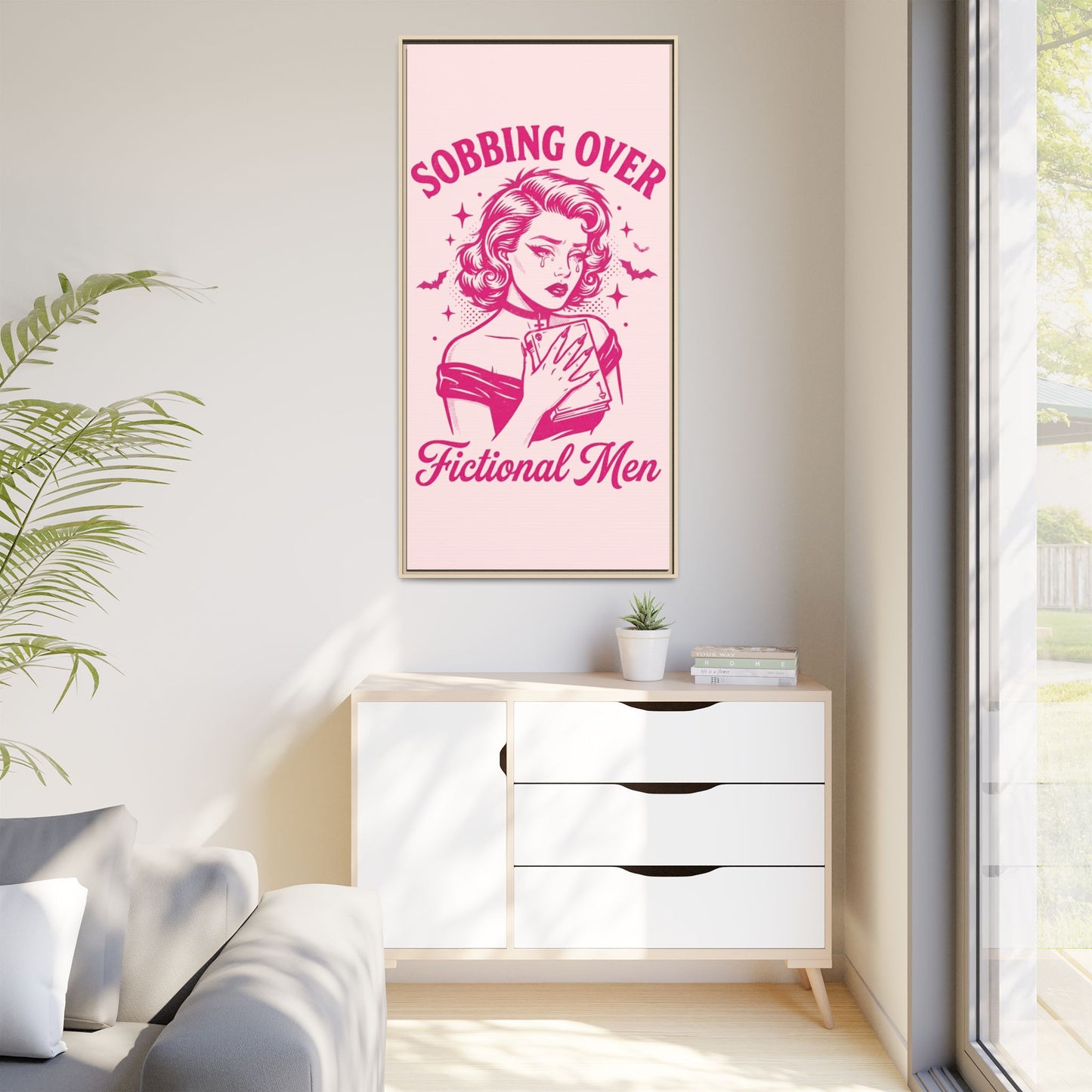 Framed Canvas Print — “Sobbing Over Fictional Men” Retro Pop Art