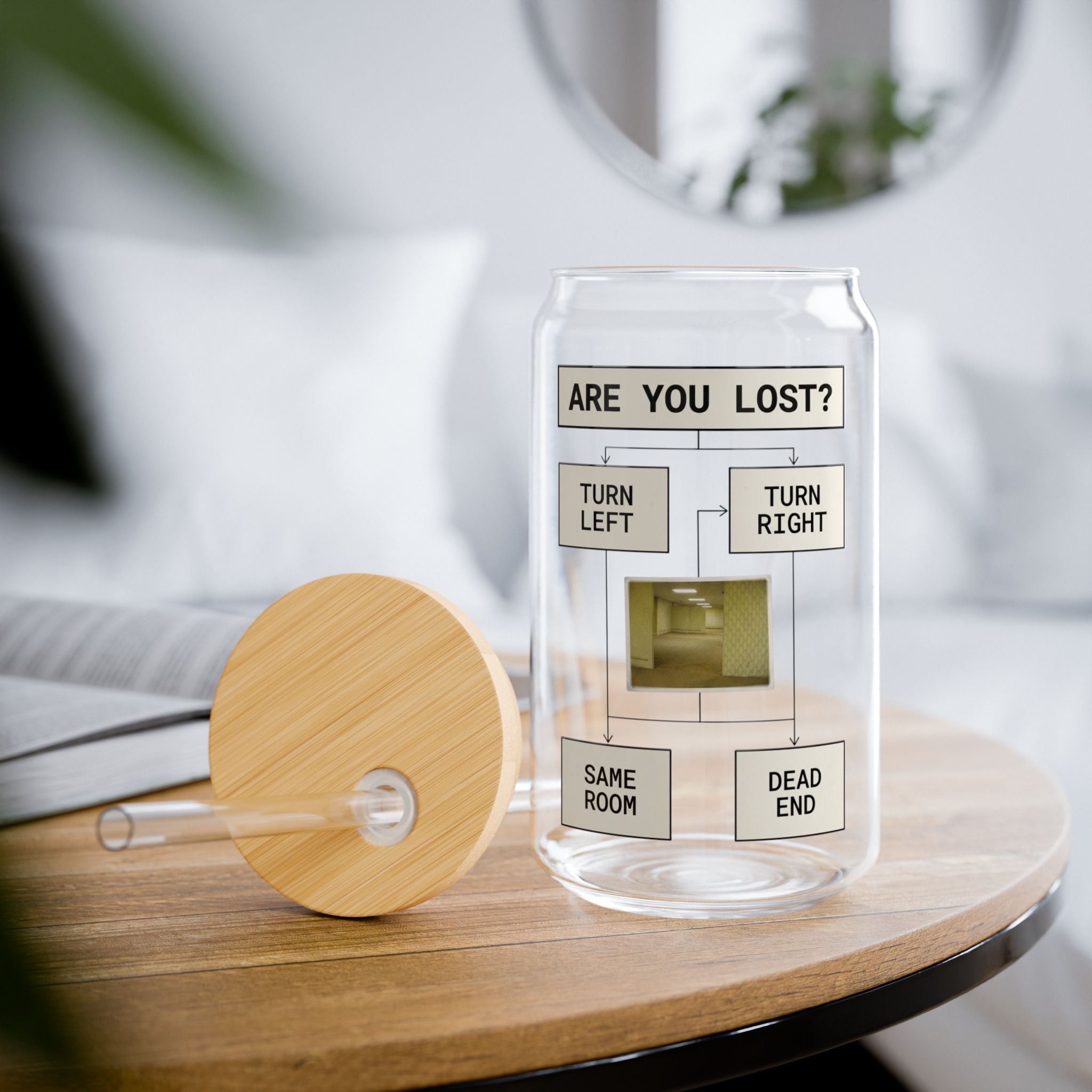 Are You Lost? Liminal Space Sipper Glass with Bamboo Lid and Straw | Retro Horror Iced Coffee Cup | Analog Horror Glass Can