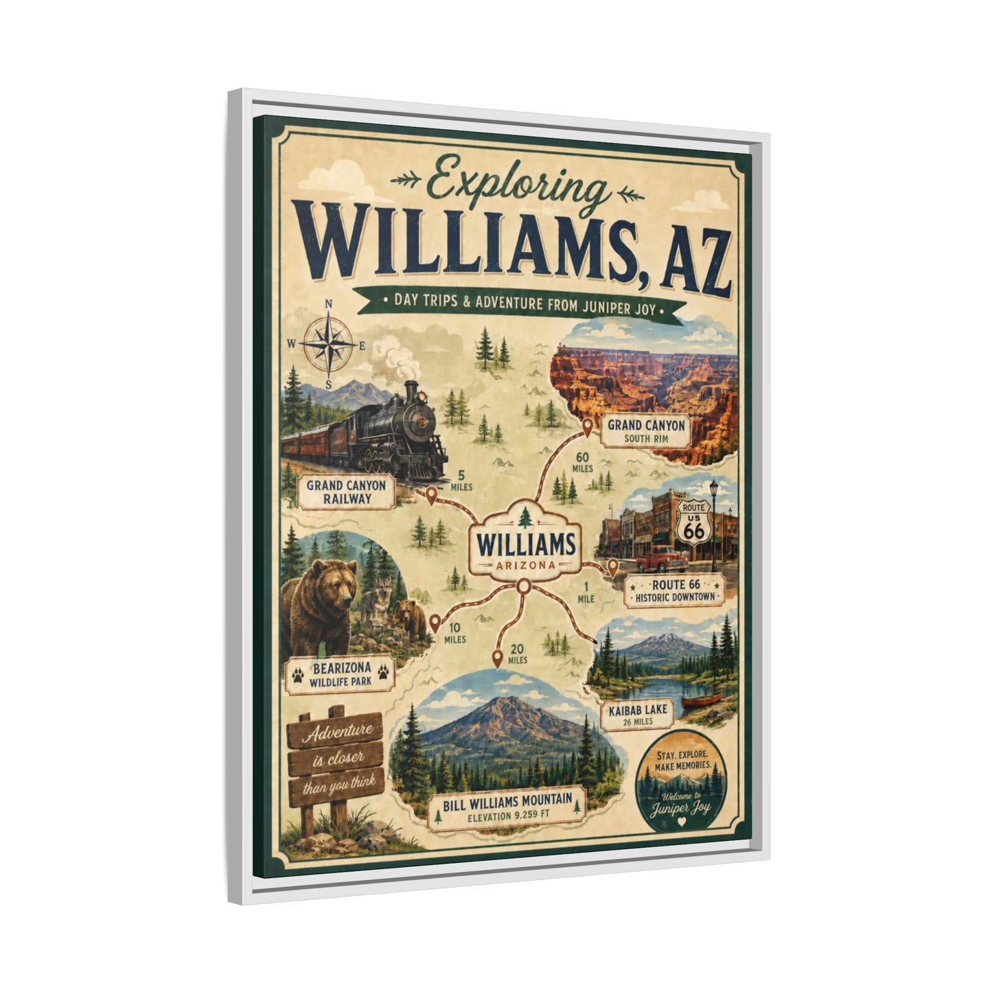 Williams, AZ Travel Map Framed Canvas — Vintage Exploring Poster