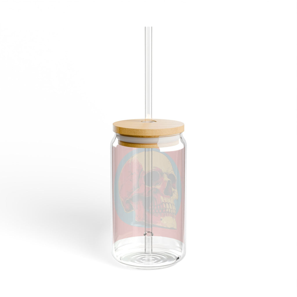 Retro Skull Sipper Glass | Vintage Gothic Skull Glass Can | 16oz Iced Coffee Cup with Bamboo Lid & Straw | Halloween Drinkware | Alt Gift