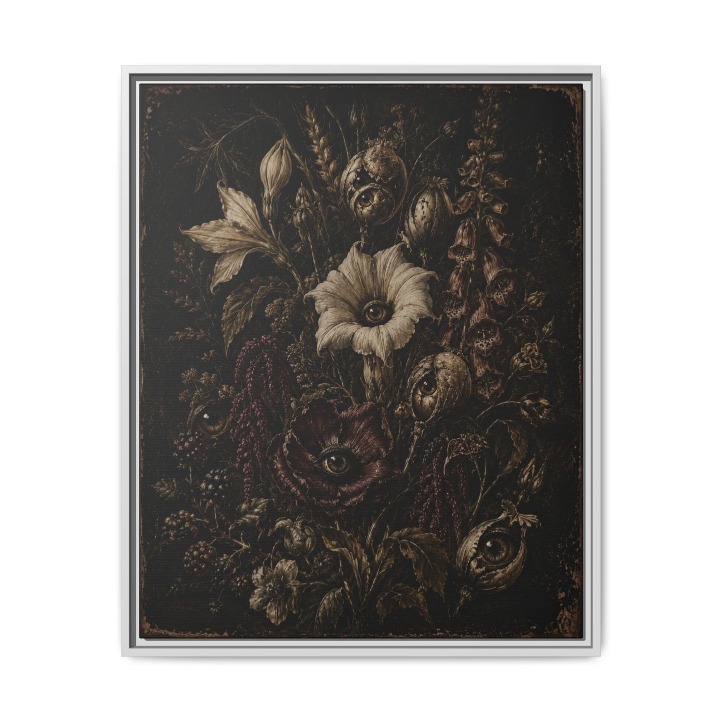 Framed Matte Canvas Print — Vintage Dark Floral Art