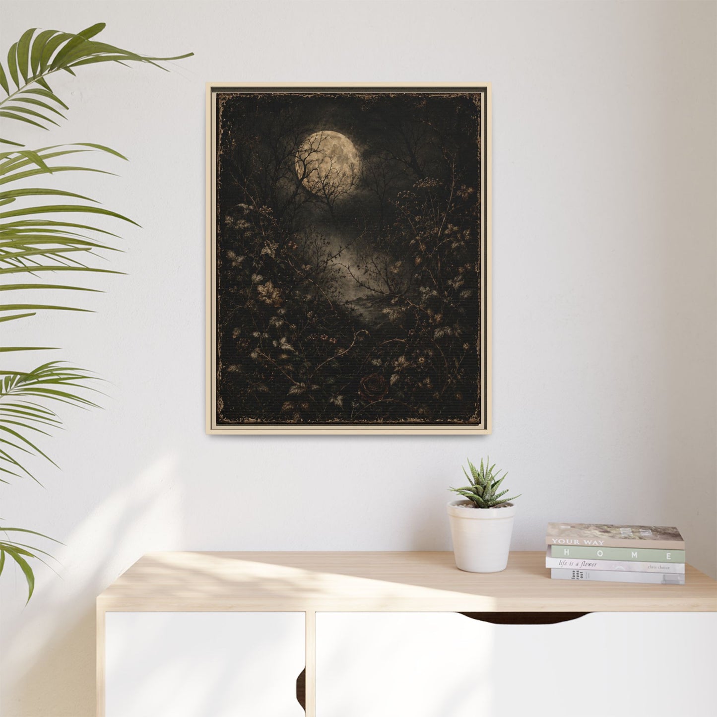 Framed Matte Canvas Art — Moonlit Forest Landscape