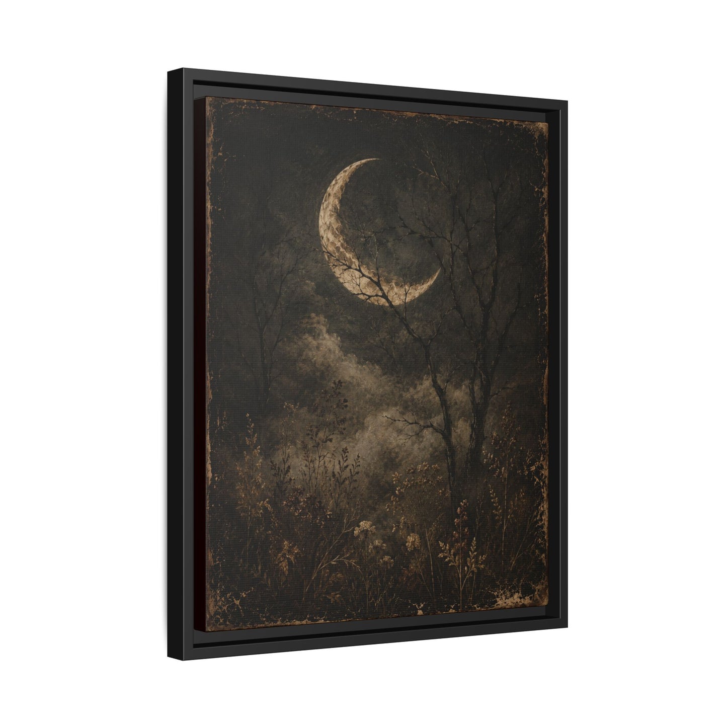 Framed Crescent Moon Canvas Print — Moody Night Landscape Wall Art