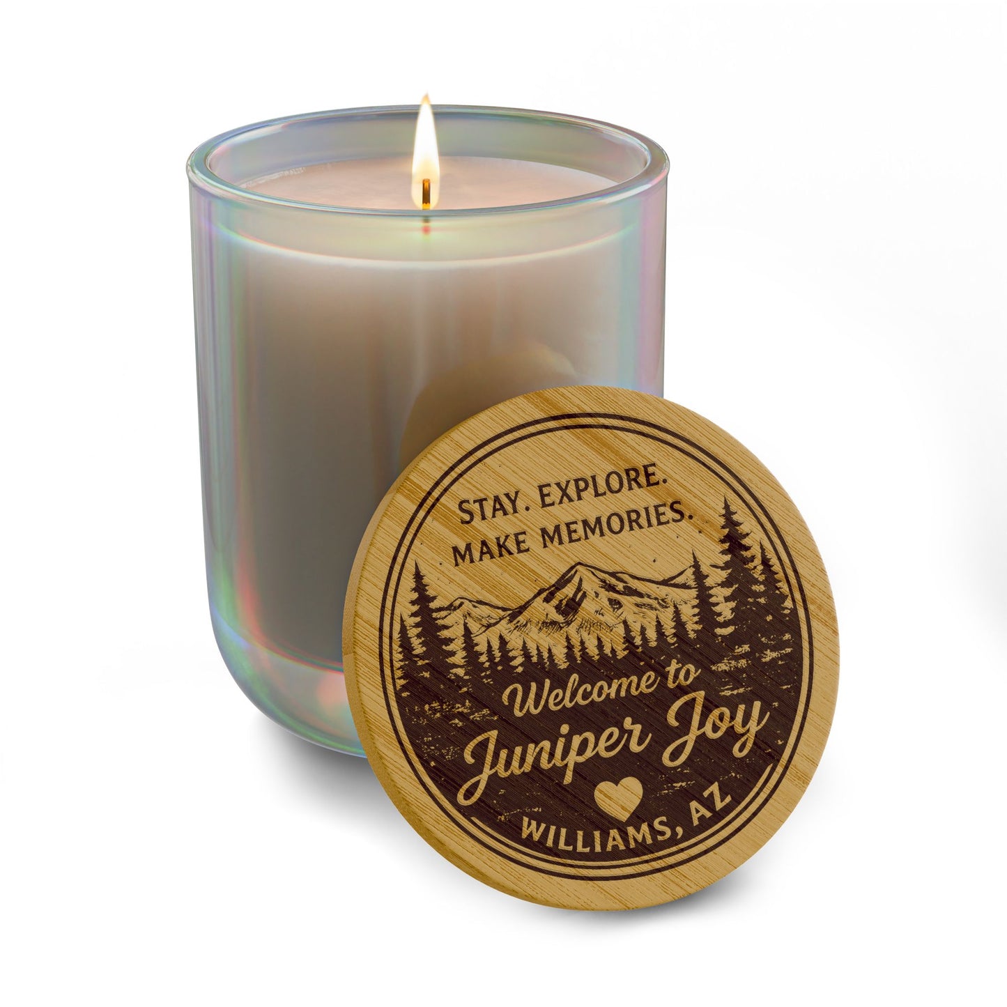 Engraved 14oz Soy Candle — "Stay, Explore, Make Memories" Welcome Candle (Custom Location)