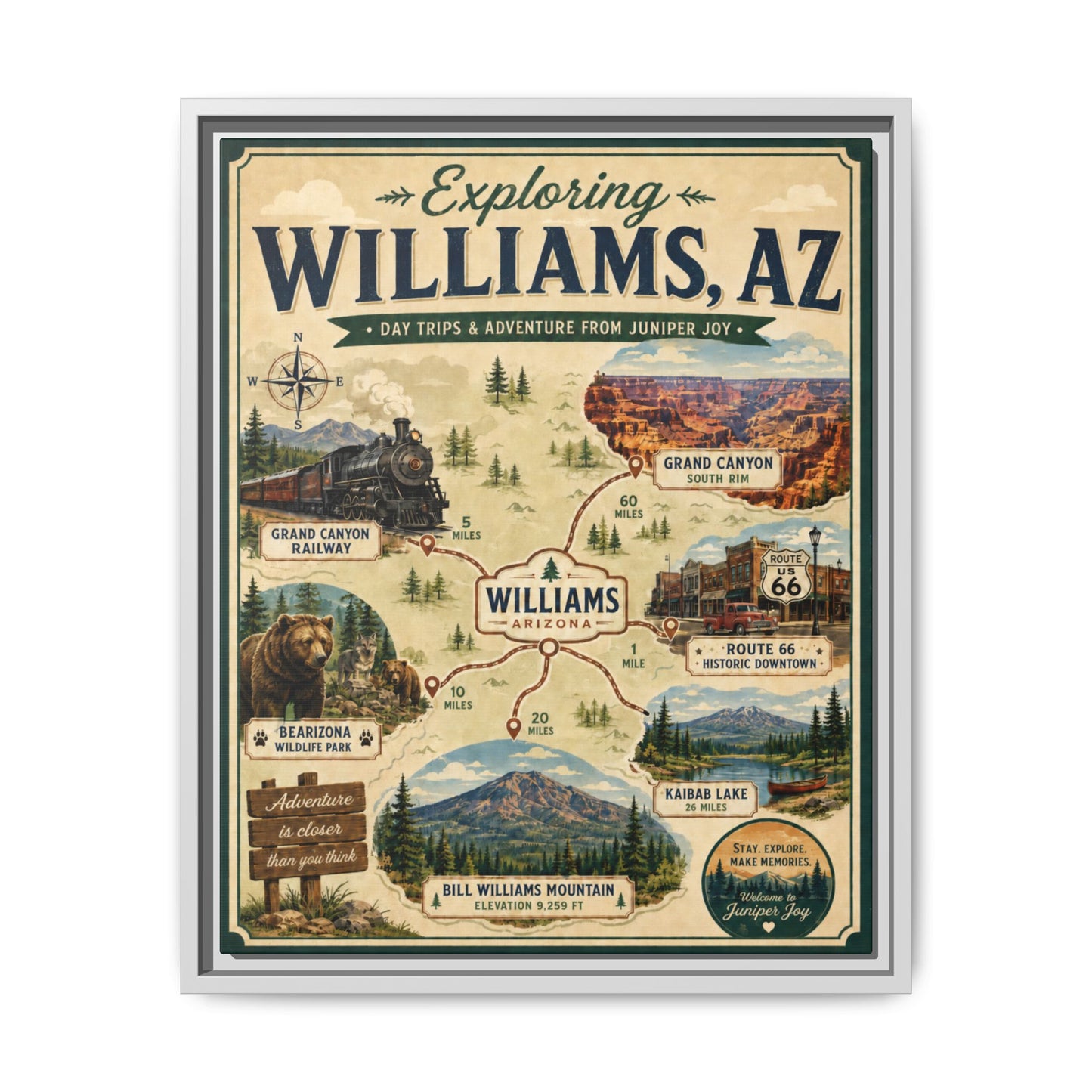 Williams, AZ Travel Map Framed Canvas — Vintage Exploring Poster