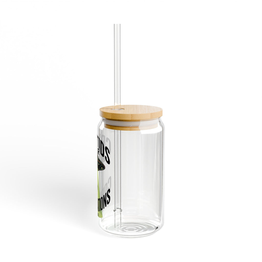 Cryptids Over Corporations Alien Glass Can | UFO Iced Coffee Cup with Bamboo Lid and Straw | Funny Alien Gift | Sci-Fi Drinkware