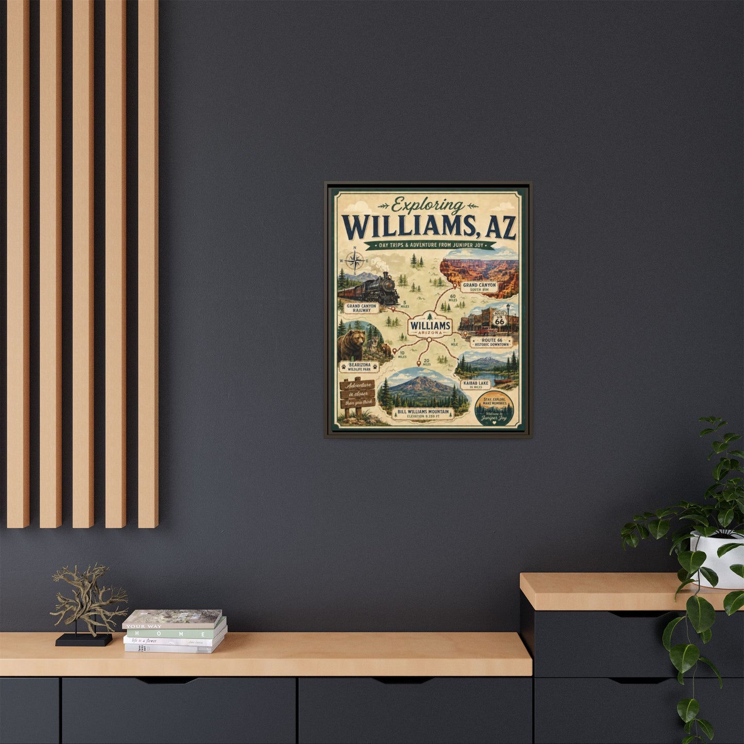 Williams, AZ Travel Map Framed Canvas — Vintage Exploring Poster