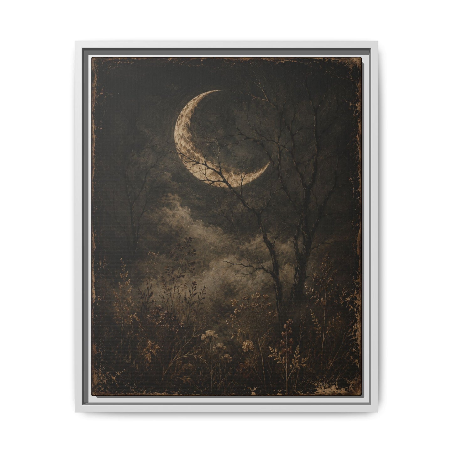 Framed Crescent Moon Canvas Print — Moody Night Landscape Wall Art
