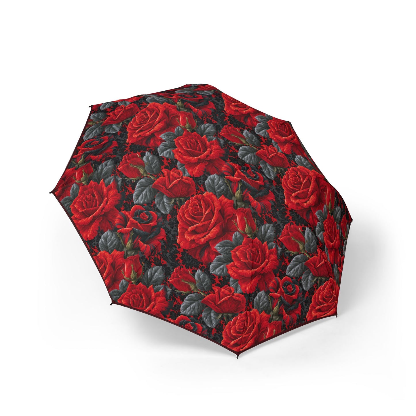 Red Rose Pattern Foldable Umbrella — Compact Semi-Automatic Rain Travel Umbrella