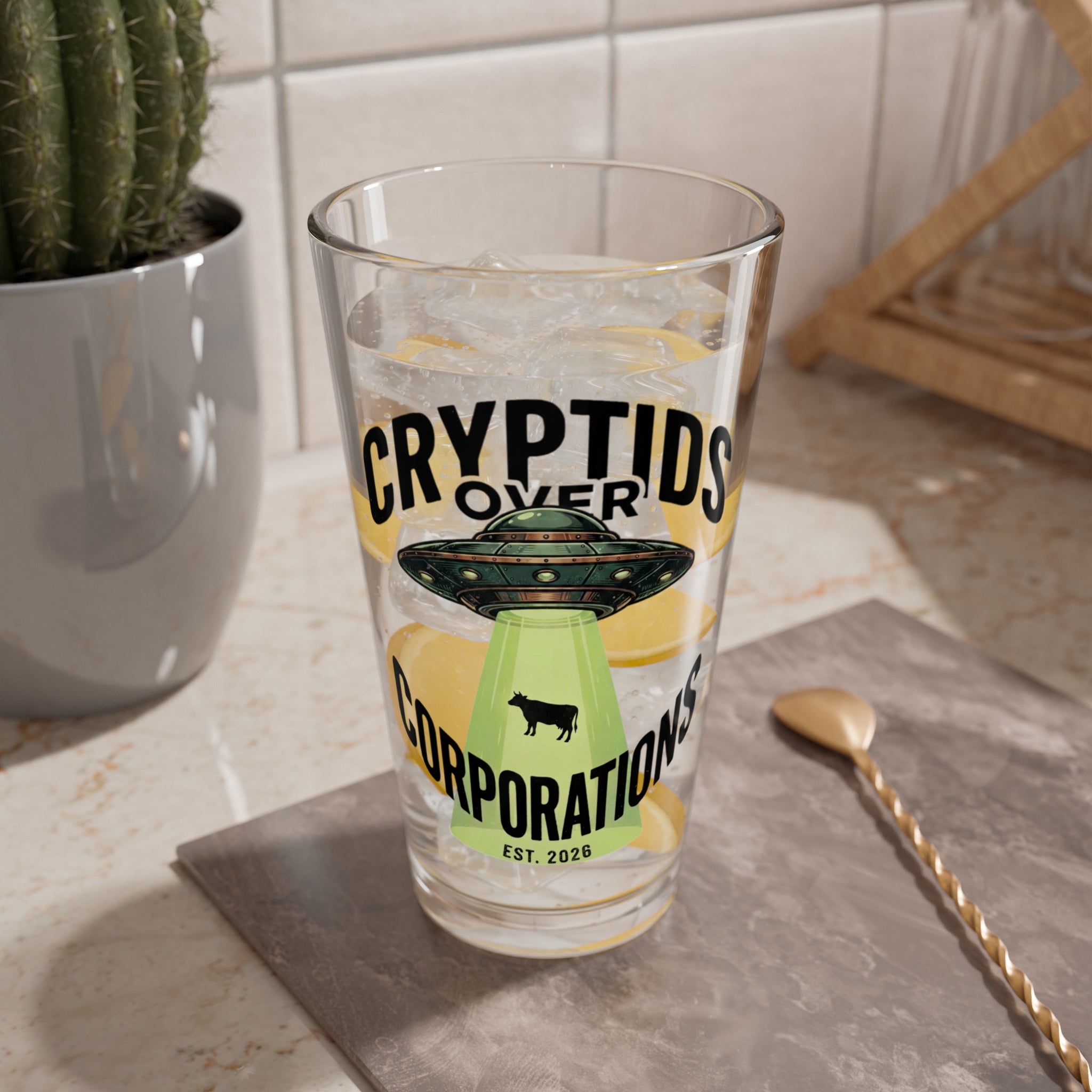 Cryptids Over Corporations Alien Pint Glass | UFO Beer Glass | Funny Alien Gift | Sci-Fi Bar Glass | Cow Abduction Glass | 16oz Beer Pint