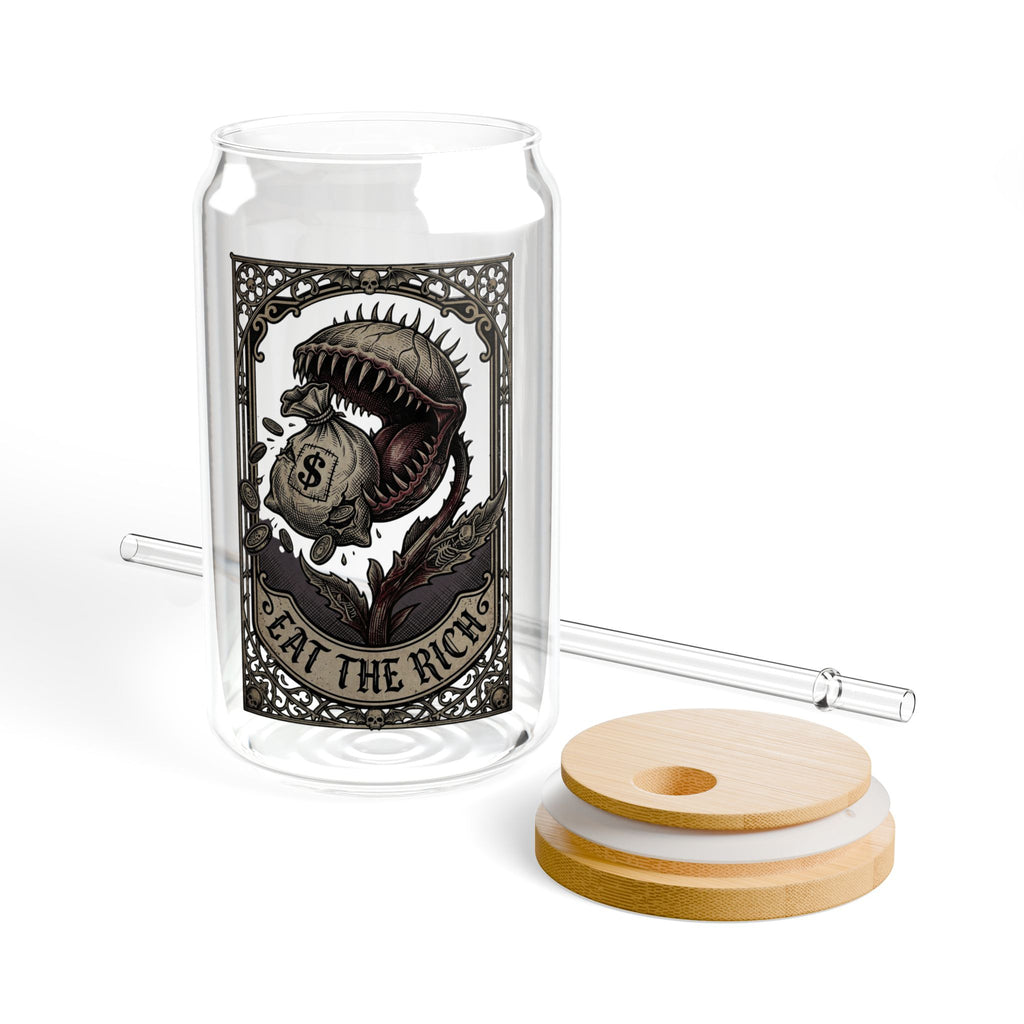 Eat the Rich Glass Can | Gothic Venus Flytrap Iced Coffee Cup with Bamboo Lid and Straw | Carnivorous Plant Glass