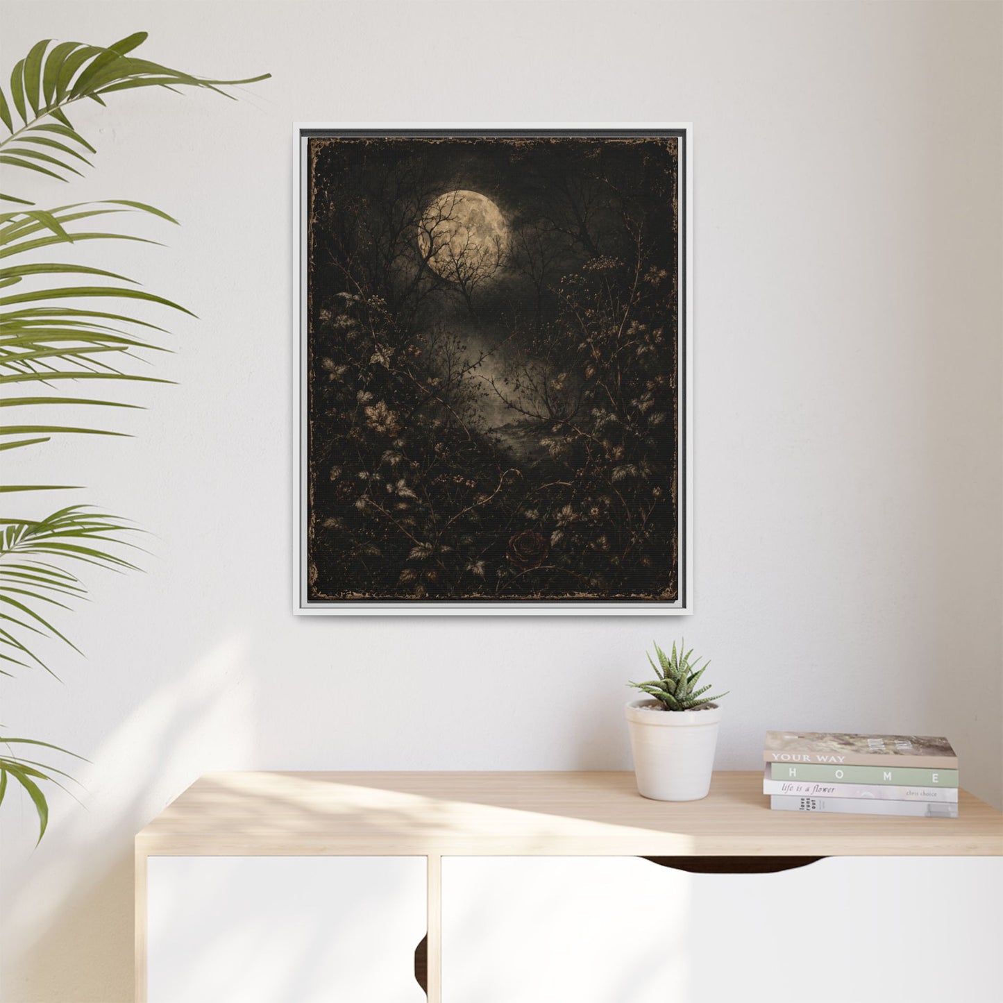Framed Matte Canvas Art — Moonlit Forest Landscape