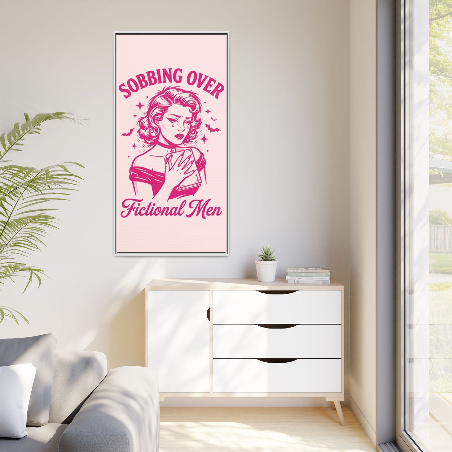 Framed Canvas Print — “Sobbing Over Fictional Men” Retro Pop Art