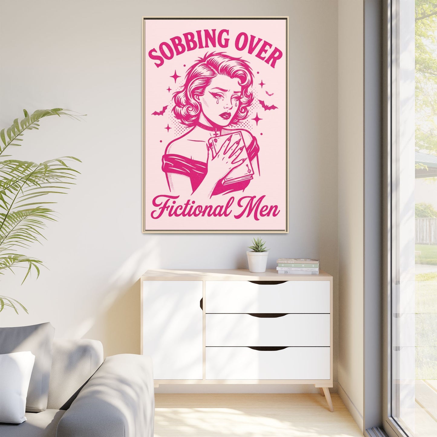 Framed Canvas Print — “Sobbing Over Fictional Men” Retro Pop Art