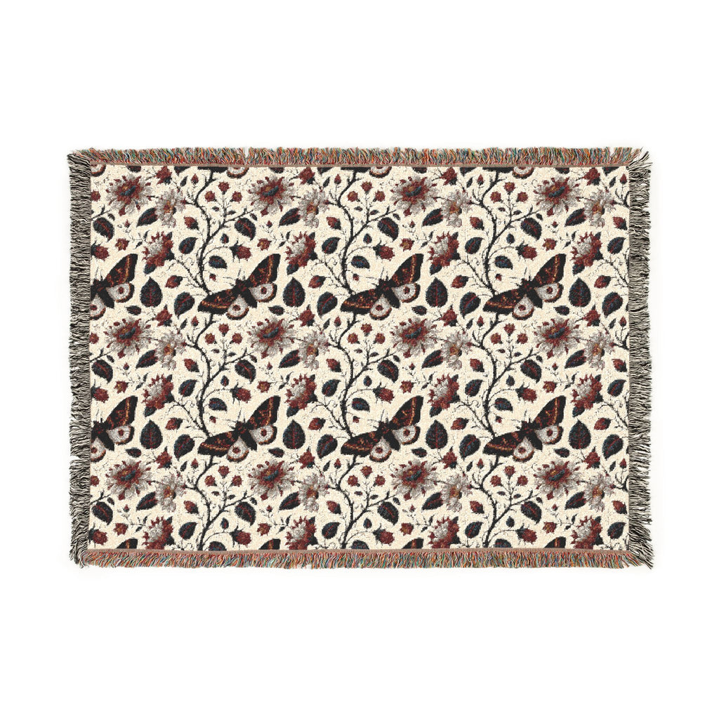 Gothic Floral Woven Blanket | Dark Botanical Moth Throw | Victorian Cottagecore Home Decor