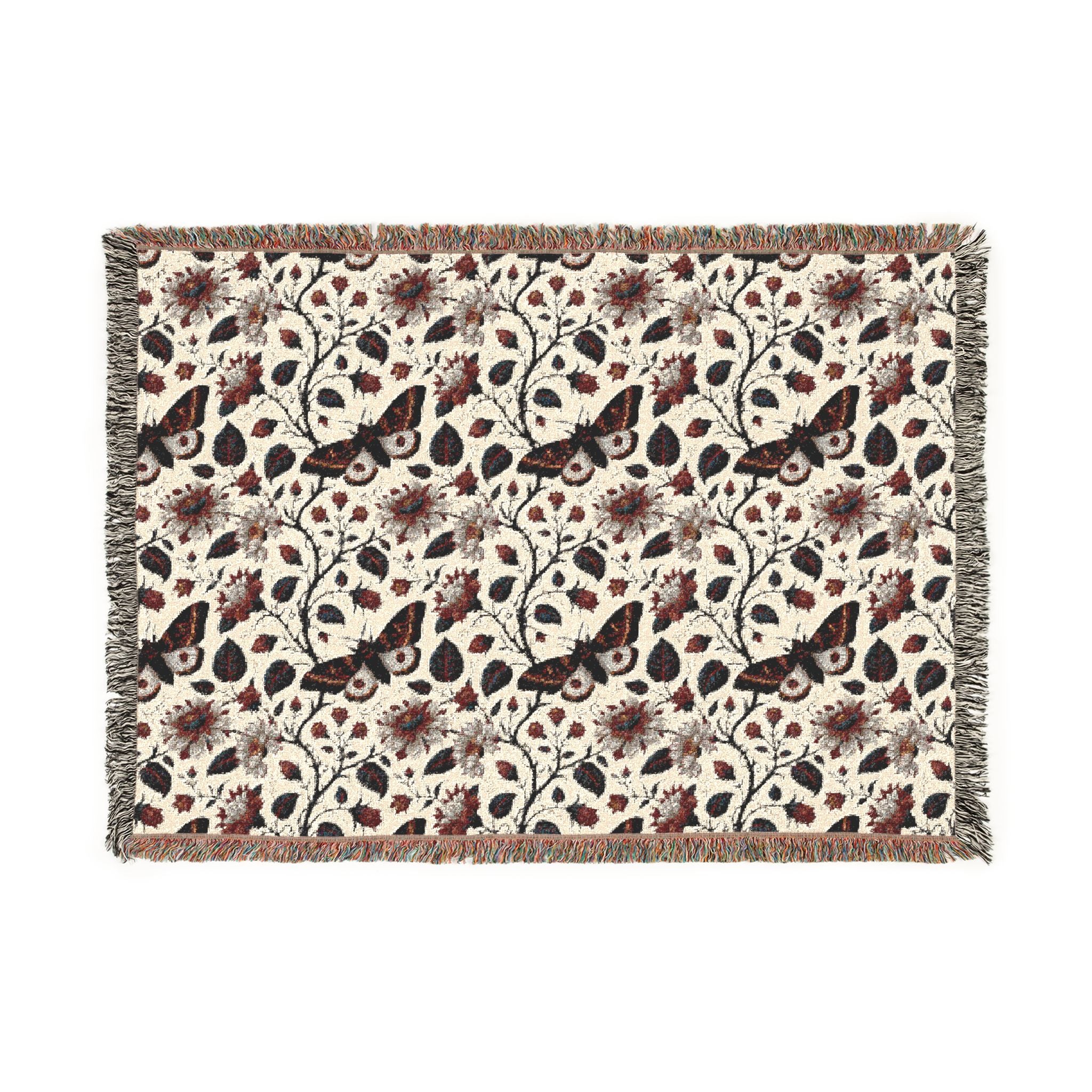 Gothic Floral Woven Blanket | Dark Botanical Moth Throw | Victorian Cottagecore Home Decor