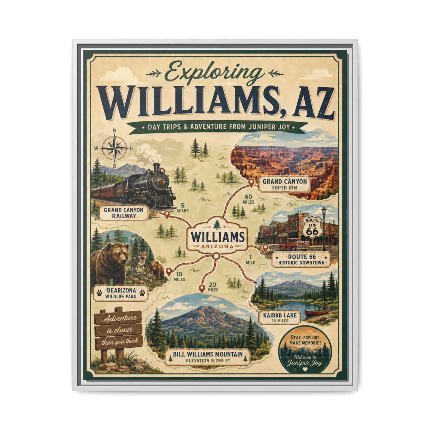Williams, AZ Travel Map Framed Canvas — Vintage Exploring Poster
