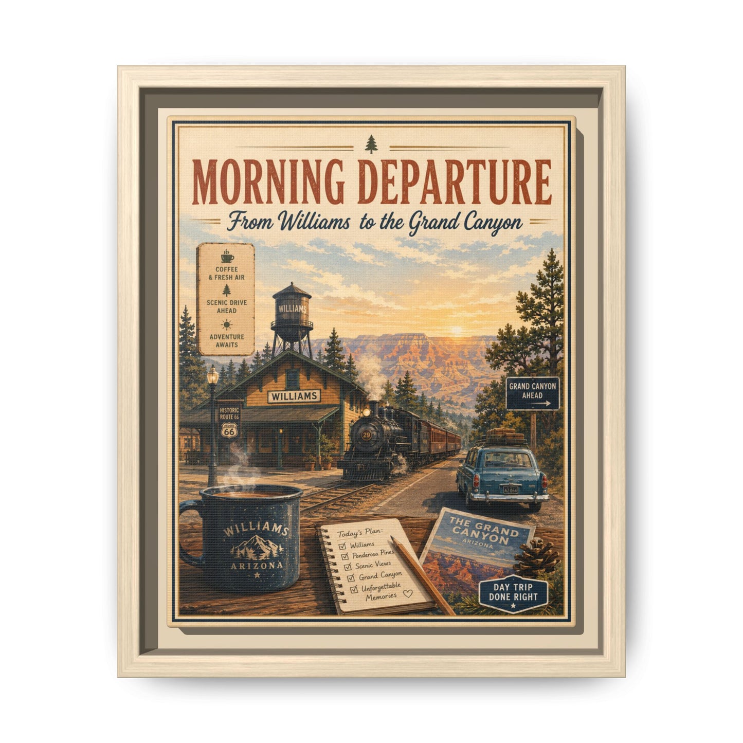 Morning Departure Framed Canvas Print — Vintage Grand Canyon Travel Poster