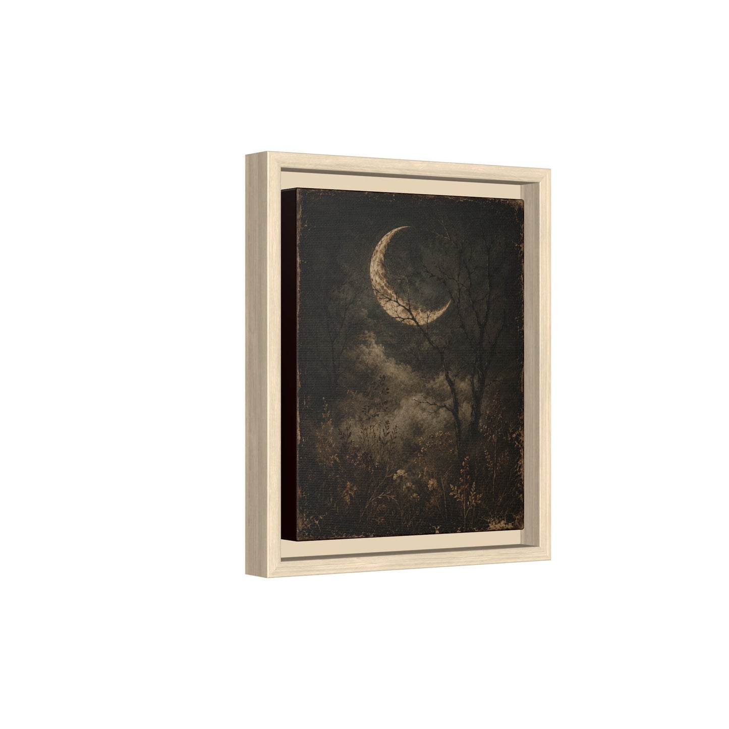 Framed Crescent Moon Canvas Print — Moody Night Landscape Wall Art