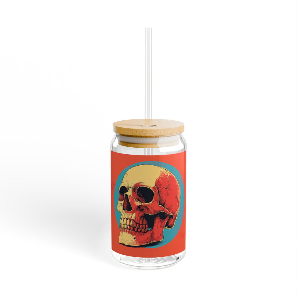 Retro Skull Sipper Glass | Vintage Gothic Skull Glass Can | 16oz Iced Coffee Cup with Bamboo Lid & Straw | Halloween Drinkware | Alt Gift