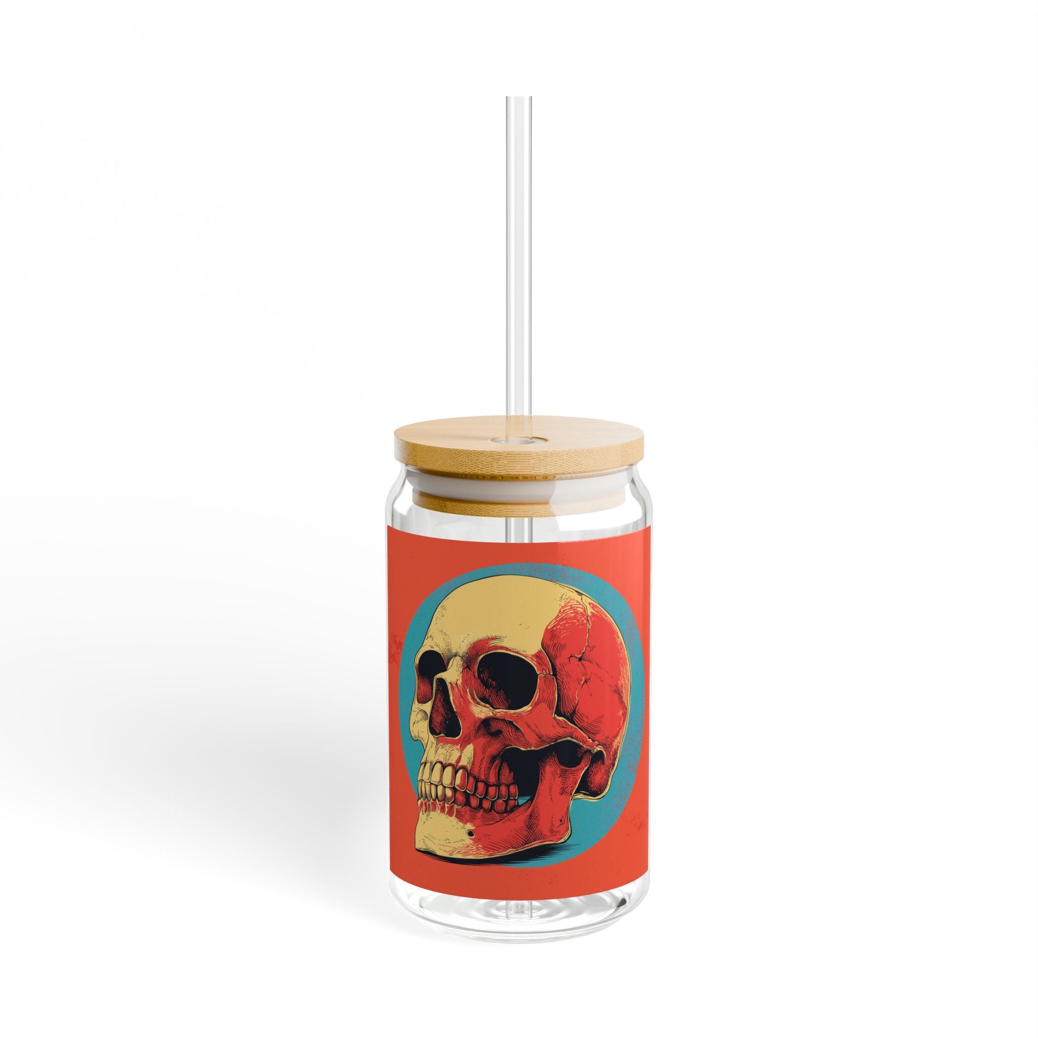 Retro Skull Sipper Glass | Vintage Gothic Skull Glass Can | 16oz Iced Coffee Cup with Bamboo Lid & Straw | Halloween Drinkware | Alt Gift