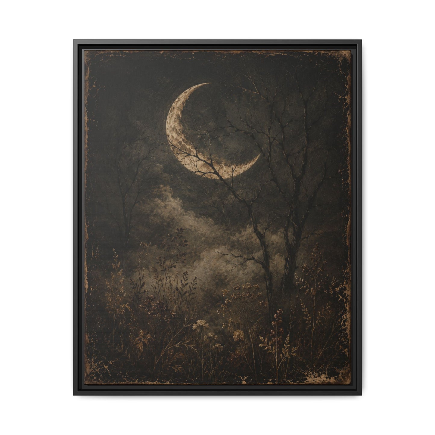 Framed Crescent Moon Canvas Print — Moody Night Landscape Wall Art