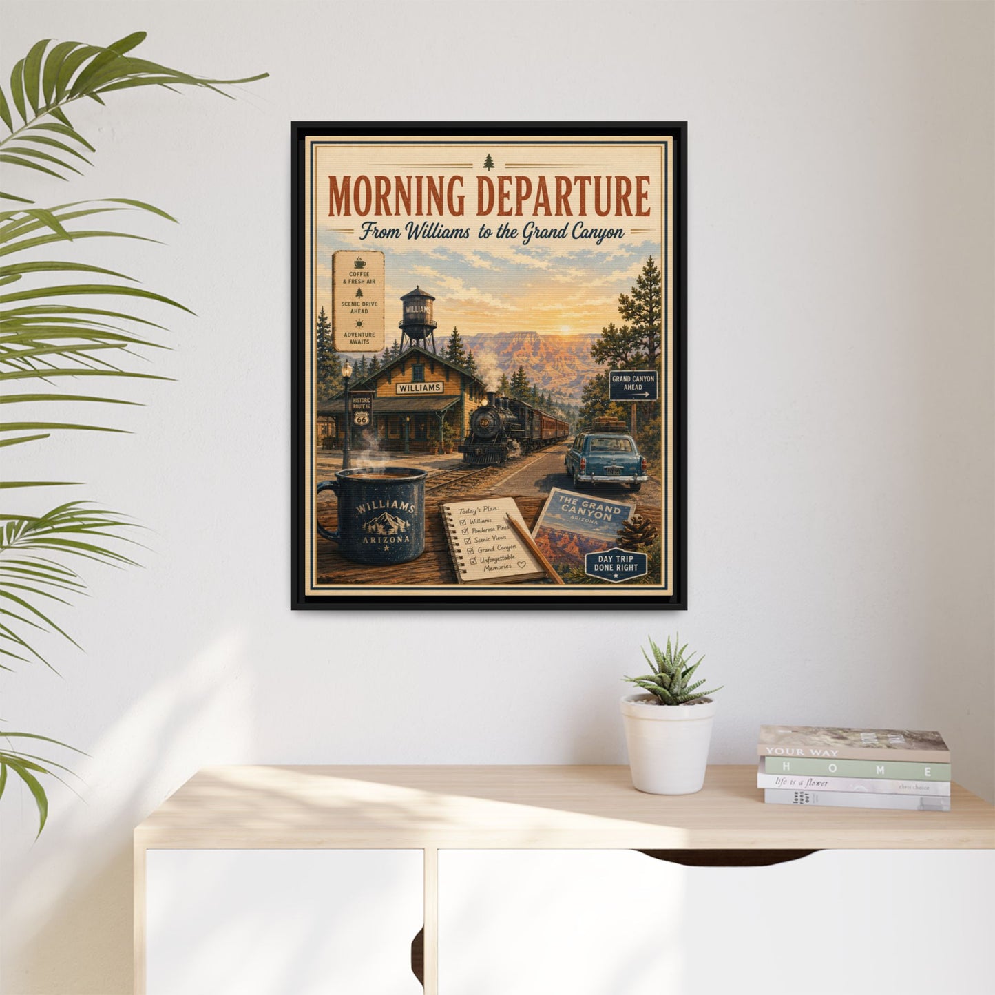 Morning Departure Framed Canvas Print — Vintage Grand Canyon Travel Poster
