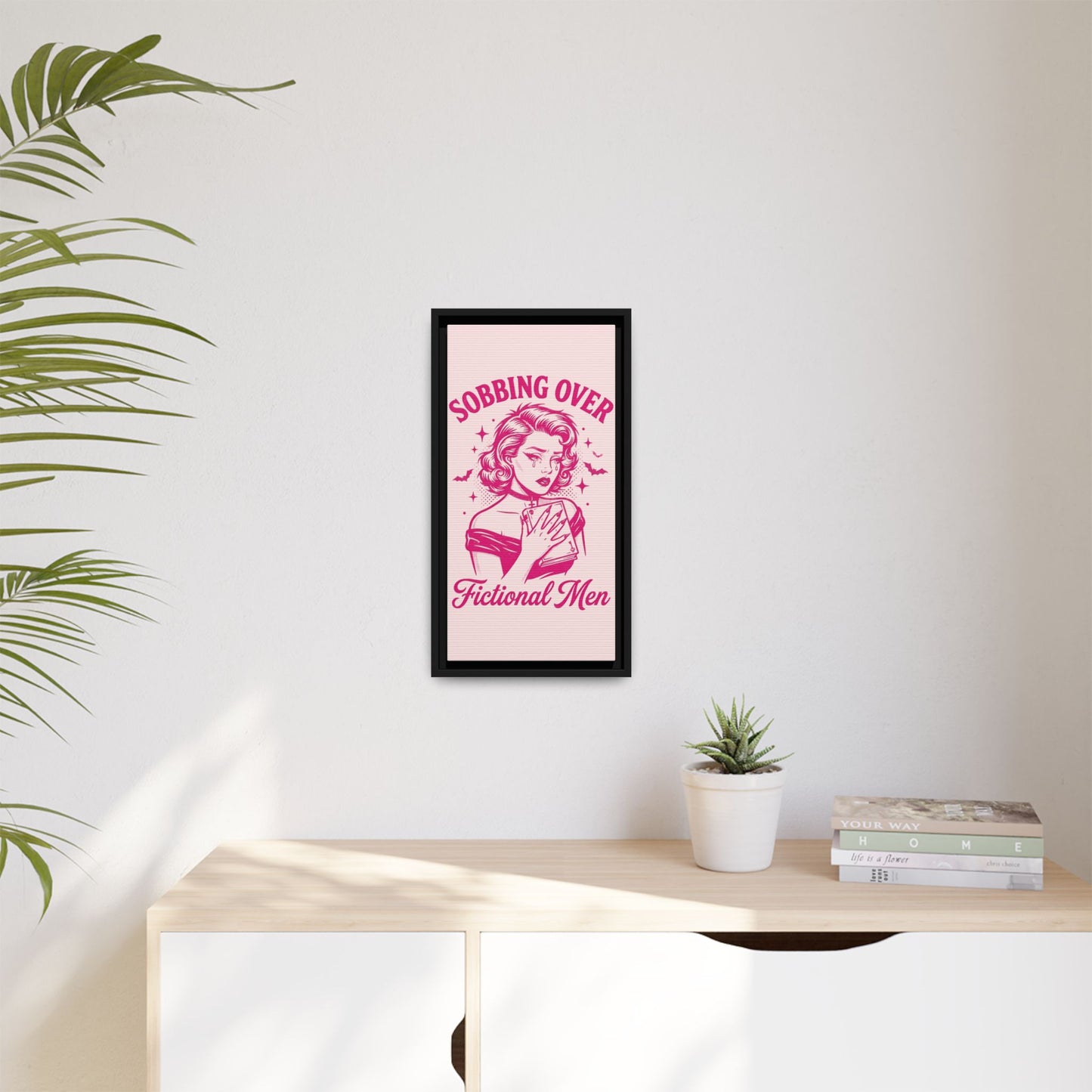 Framed Canvas Print — “Sobbing Over Fictional Men” Retro Pop Art