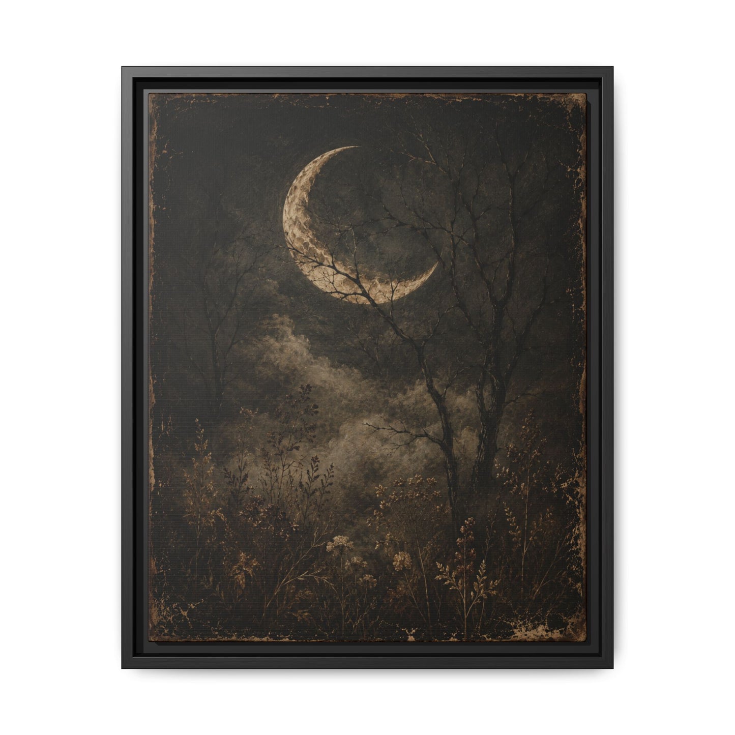 Framed Crescent Moon Canvas Print — Moody Night Landscape Wall Art