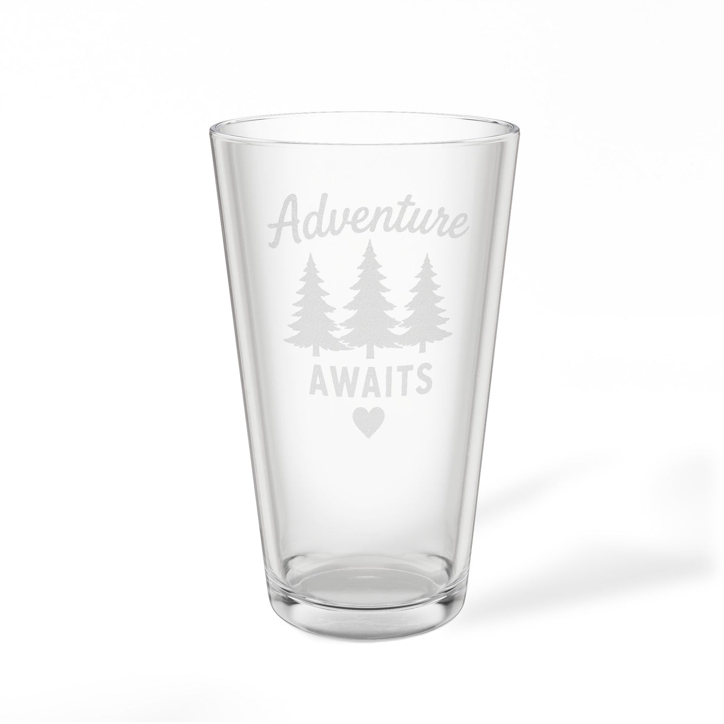 Adventure Awaits Engraved Pint Glass — 16oz Mixing Glass with Trees & Heart