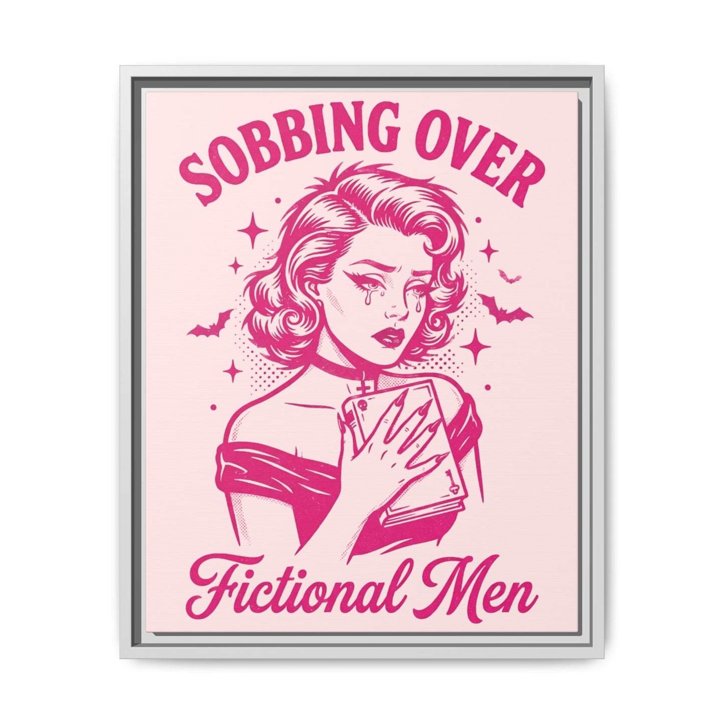 Framed Canvas Print — “Sobbing Over Fictional Men” Retro Pop Art
