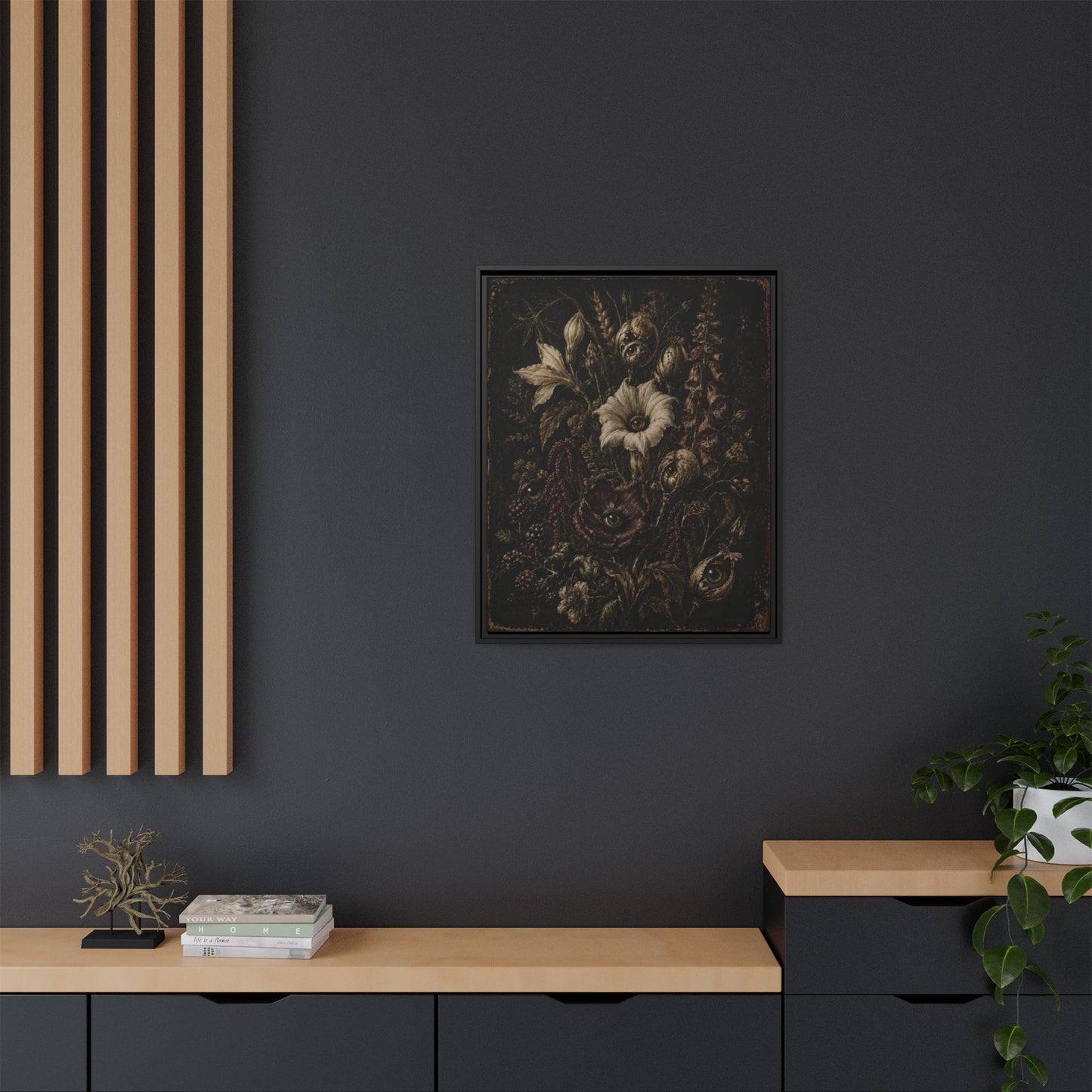 Framed Matte Canvas Print — Vintage Dark Floral Art