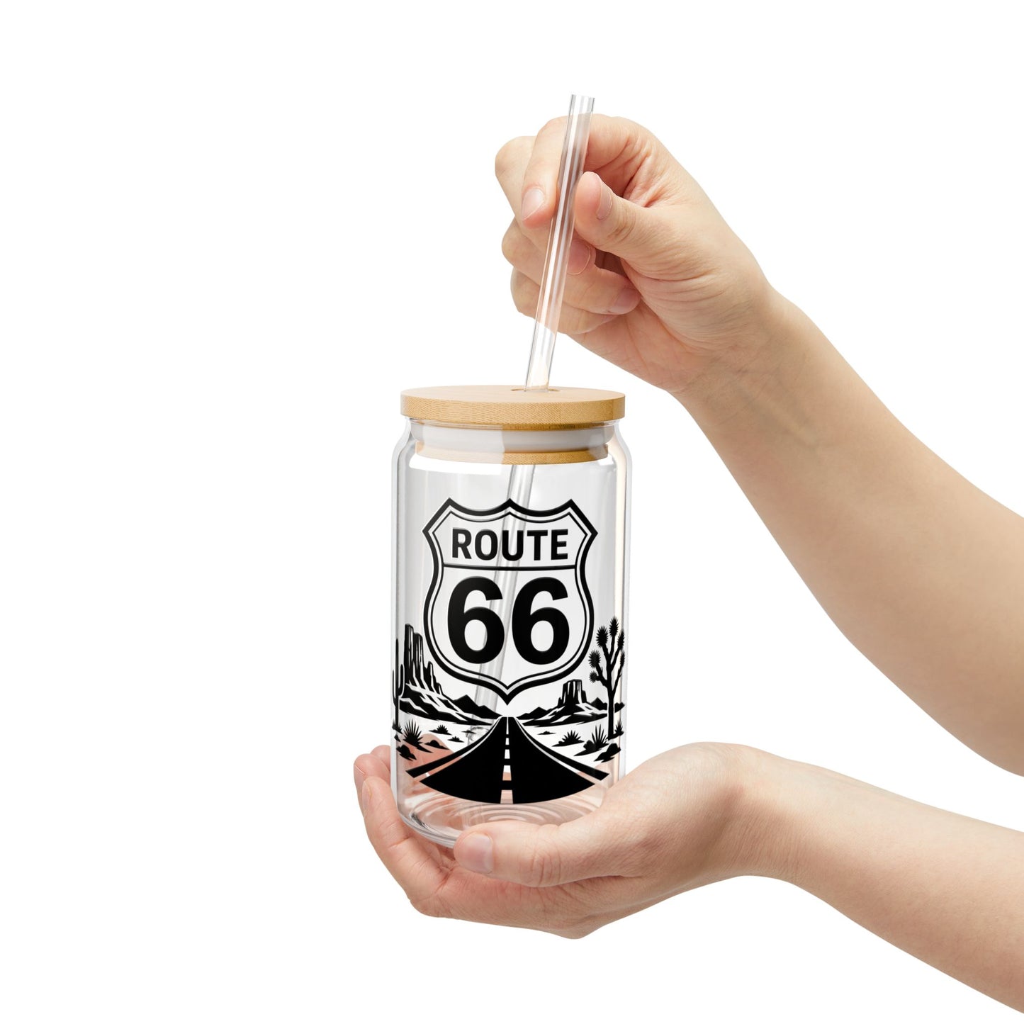 Route 66 Sipper Glass — 16oz Vintage Roadtrip Tumbler with Bamboo Lid