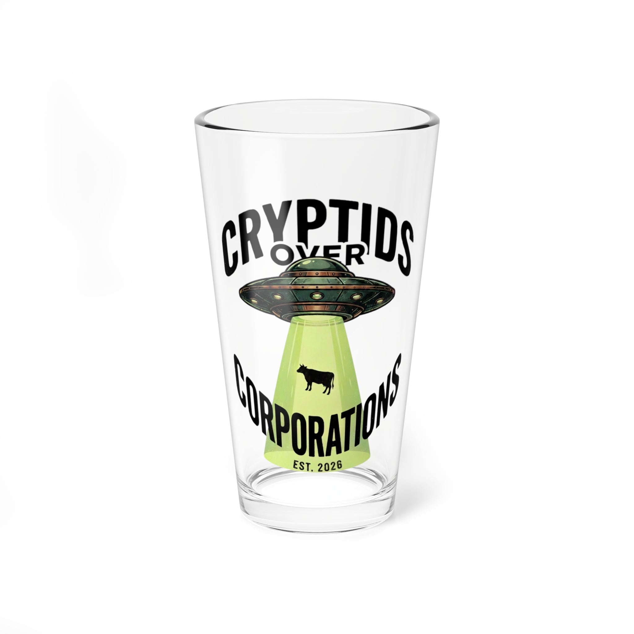 Cryptids Over Corporations Alien Pint Glass | UFO Beer Glass | Funny Alien Gift | Sci-Fi Bar Glass | Cow Abduction Glass | 16oz Beer Pint
